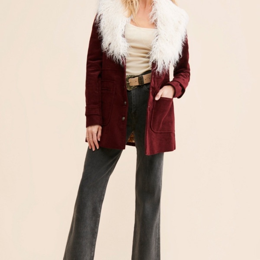 Free People Penny Lane Burgundy Coat with White Faux Fur Collar